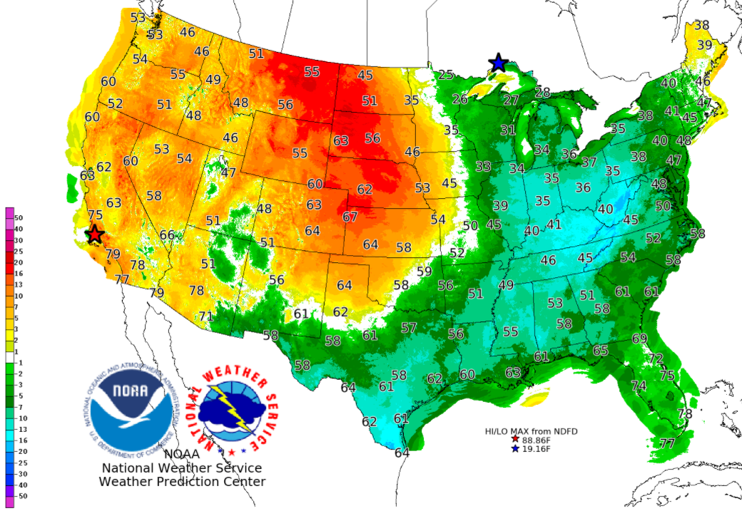 Friday's high temperatures and departure from normal